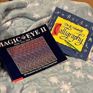 Scholastic Magic Eye II and Calligraphy Books - Red, Blue, Yellow Covers